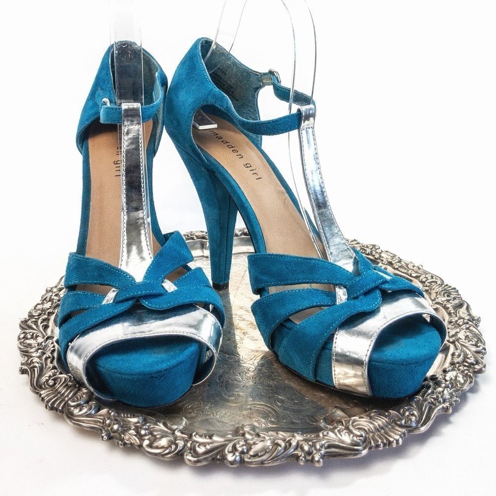 Madden Girl Hopeee Teal/Silver T-Strap Pump Sz 10